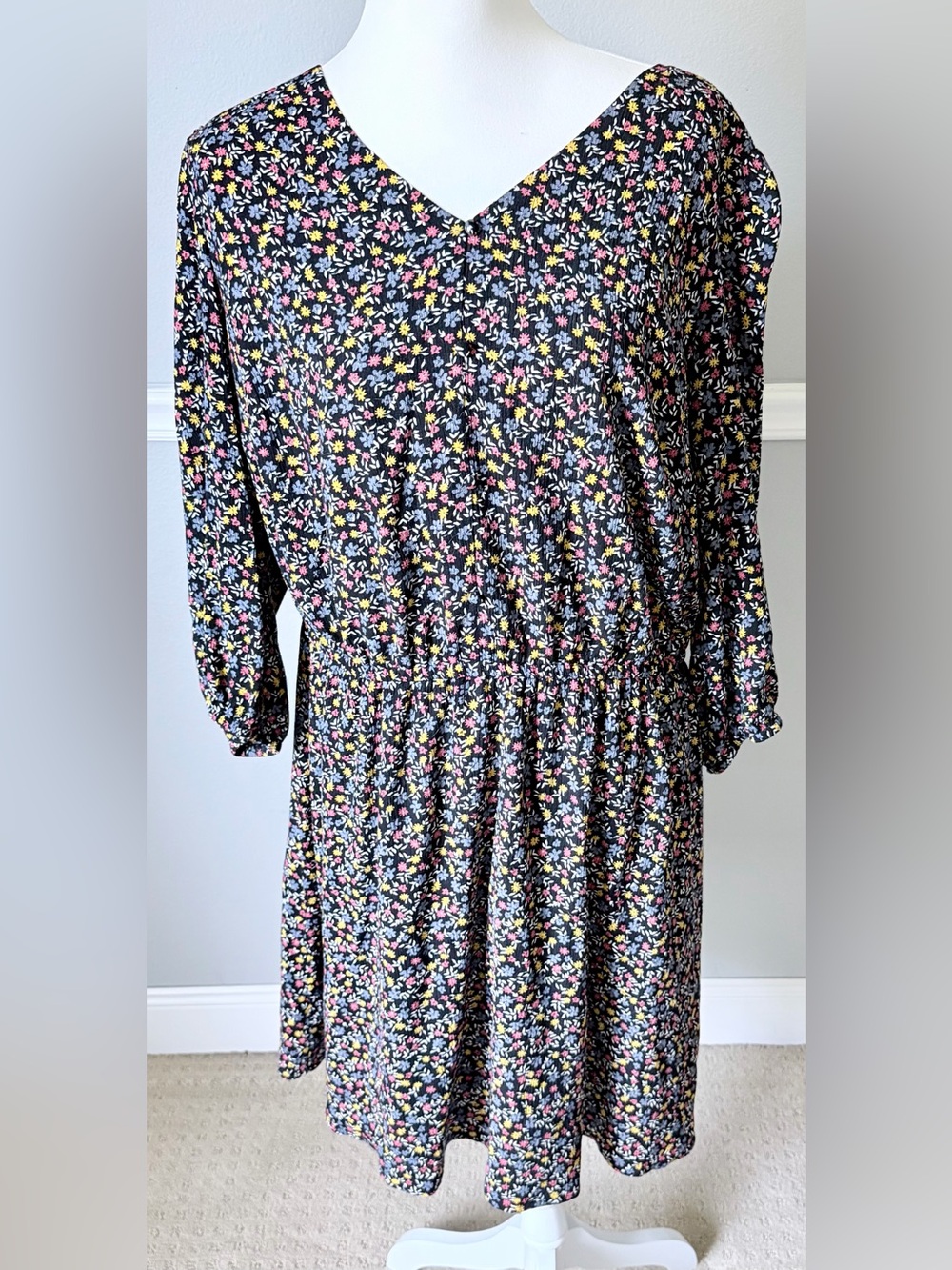 Market and Spruce Black Floral Dress with Pink and Yellow Bouquet Print